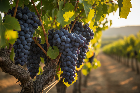 Merlot grapes hanging on a vine